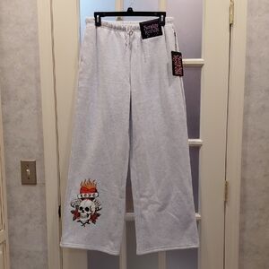 Gray Wide Leg Pants with Skull Design
